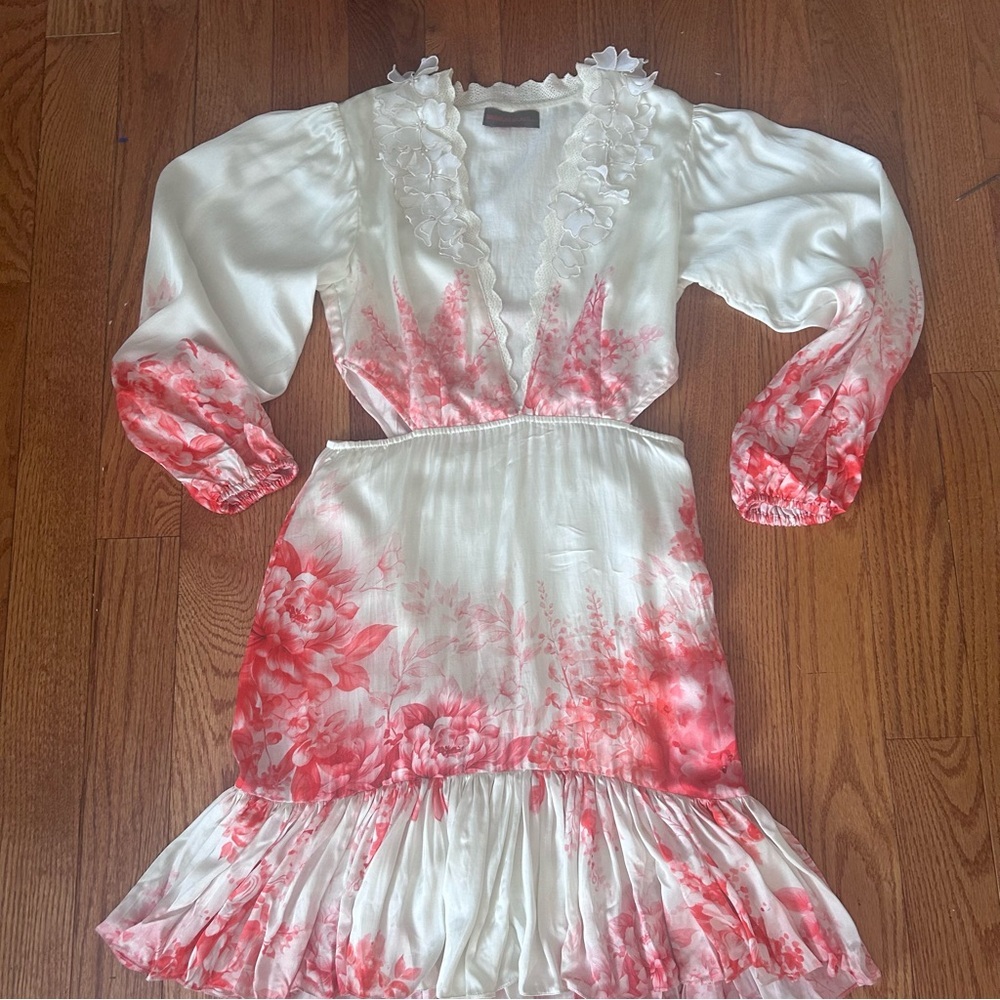 Anthro x Bhanuni by Jyoti Cherry Blossom Mini Dress S Floral Ruffle Cutout Boho - Picture 11 of 16